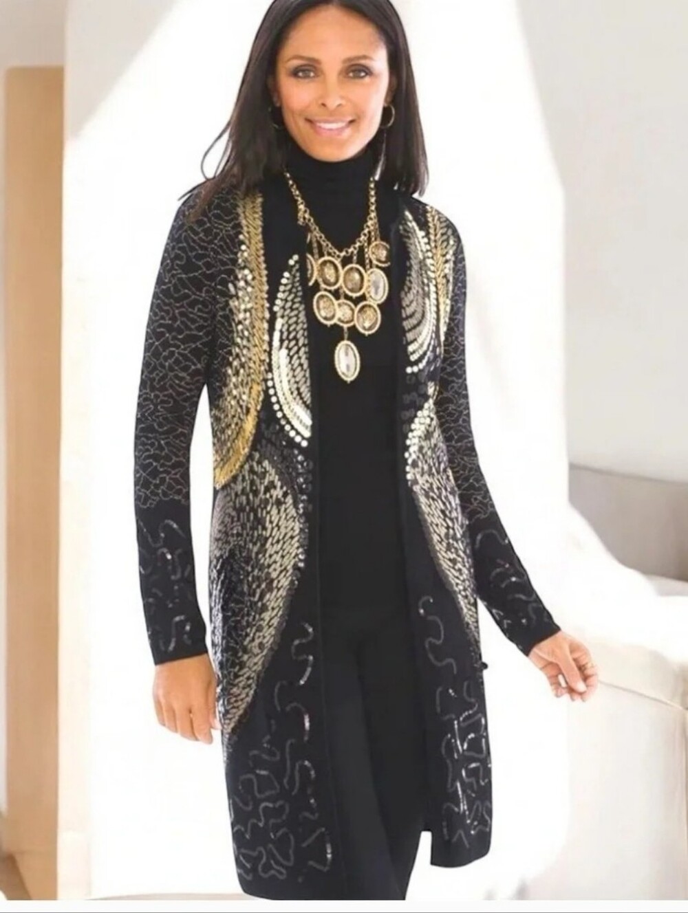 Chico's Sequin Blazer Jacket Black Gold Beaded Mid Length Long Sleeve Sz 0 S